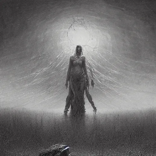 Prompt: Tribals crop circle blood rain, horror Gustave Doré Greg Rutkowski