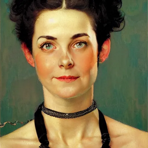 Prompt: Front portrait of an amused woman with black hair and ice blue eyes, wearing a spiked choker and an orange tank top. A painting by Norman Rockwell.