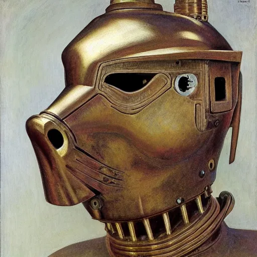 Image similar to masterpiece sculpture of a mechanical robot cat head mask, by annie swynnerton and diego rivera and nicholas roerich and jean delville, symbolist, dramatic lighting, god rays, elaborate geometric ornament, art brut, soft colors, smooth, sharp focus, extremely detailed, adolf wolfli and ( donato giancola )