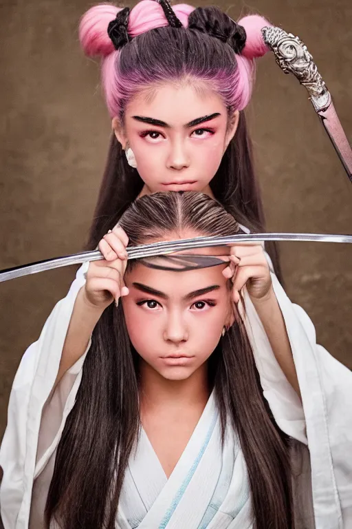 Image similar to highly detailed beautiful photo of madison beer as a young female samurai, practising her sword staces, symmetrical face, beautiful eyes, pink hair, realistic, 8 k, award winning photo, pastels colours, action photography, 1 / 1 2 5 shutter speed, sunrise lighting