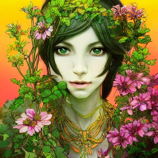 Prompt: goddess of plant medicine detailed painting by akihiko yoshida, vivid saturated colors, trending on artstation
