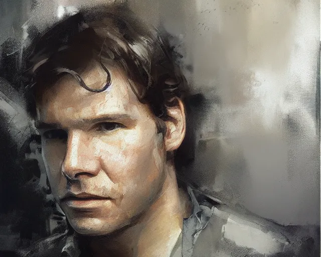 Image similar to portrait of young han solo young harrison ford in shades of grey but with brown by jeremy mann