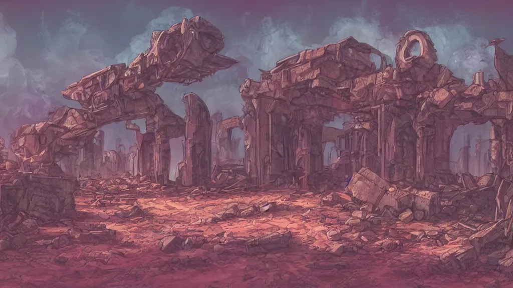 Image similar to an apocalyptic ruins in mars, pastel, colorful, bright, cartoony, digital art