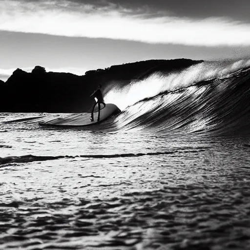 Image similar to a cyborg wearing welding goggles surfs a wave in waimea bay on a 1 0 - foot wooden longboard at sunset, black and white film photograph.