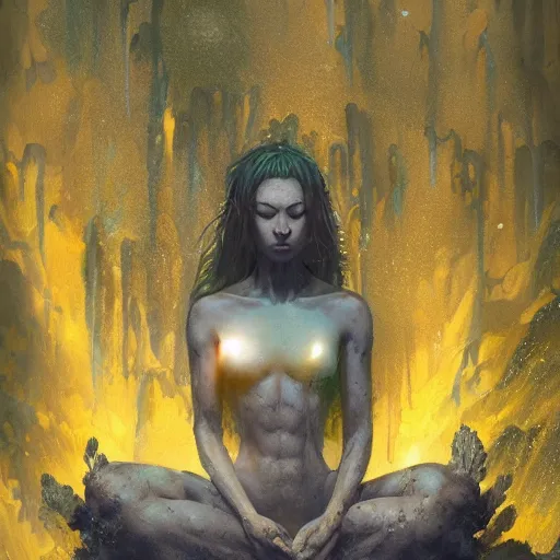 Prompt: a sage meditates under a waterfall pieces with glowing yelow eyes, as a realistic, torso, art by james jean and greg rutkowski!!, real body proportions, digital art,, golden ratio, perfect composition, trending on artstation, 8 k