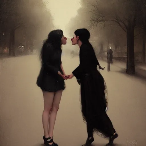 Image similar to two women kissing on the street, tom bagshaw style,