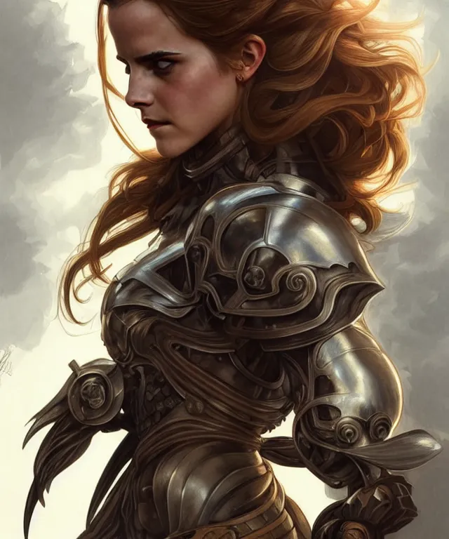 Prompt: Emma watson Muscular and powerful medieval knight woman portrait, sci-fi, amber eyes, face, long hair, fantasy, intricate, elegant, highly detailed, digital painting, artstation, concept art, smooth, sharp focus, illustration, art by artgerm and greg rutkowski and alphonse mucha