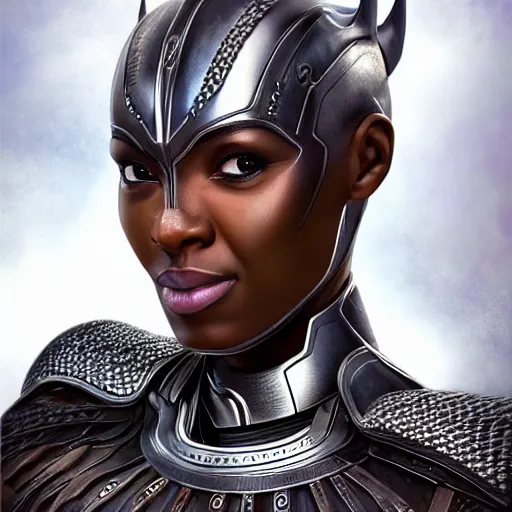 Prompt: head and shoulders portrait of a female knight, wakanda, breastplate, shaved head, by artgerm, face detail, extremely detailed, photo