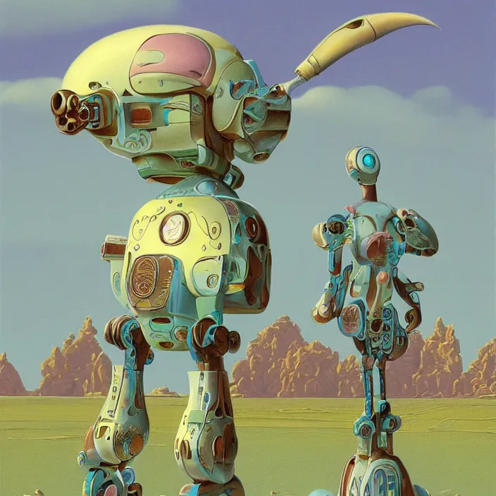 Image similar to quirky robot, extremely detailed, pastel colors, intricate, hard light, flat, illustration, digital painting, by roger dean