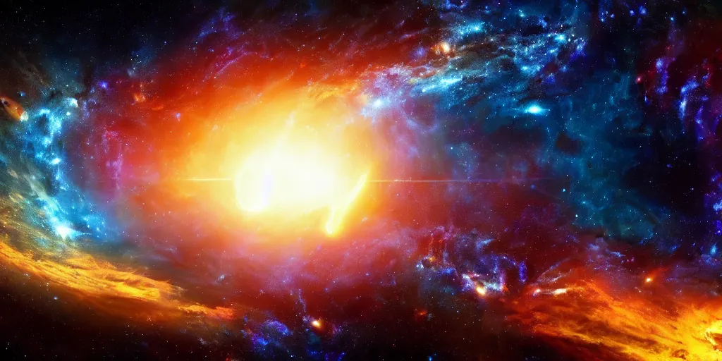 Image similar to an awesome scenary of big bang, creation of universe, 8k, super detailed, awesome, highly detailed, crazy good, cinematic, lightrays, 4k, HD
