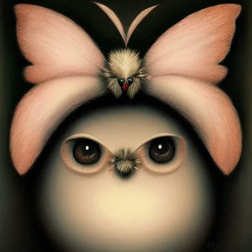 Image similar to beautiful portrait of a fluffy moth in the style of Mark Ryden, detailed, trending on Artstation