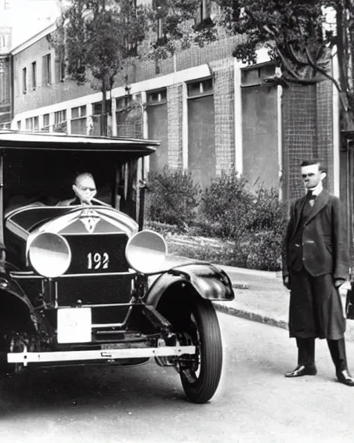 Image similar to 1 9 2 0 s photo of a person standing next to a tesla car