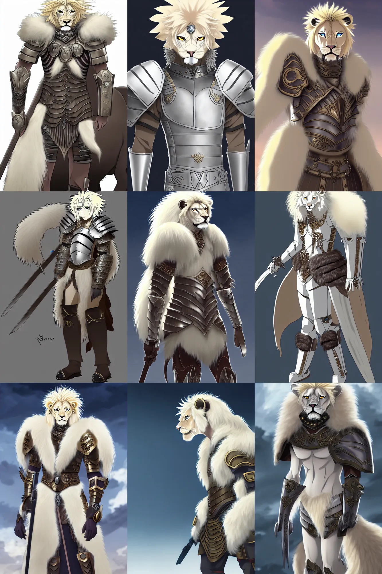 Prompt: albino lion army general with roman armor, fursona, anthro, anime key visual, detailed armor, detailed fur, makoto shinkai, portrait