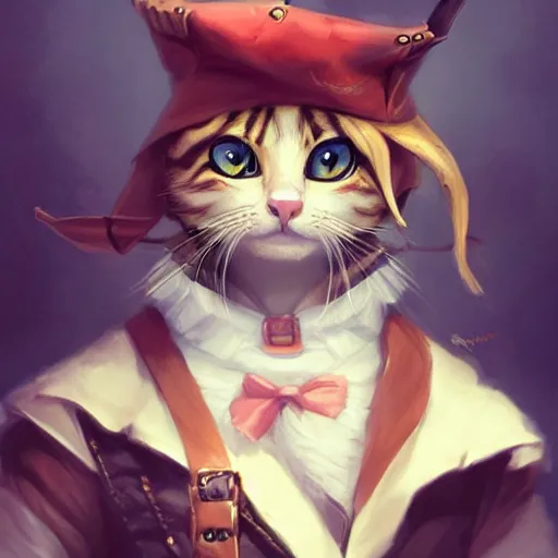 Prompt: Portrait of a Kawaii Cat dressed as a Pirate, digital painting, highly detailed, artstation, concept art, smooth, sharp focus, illustration, art by artgerm and greg rutkowski.