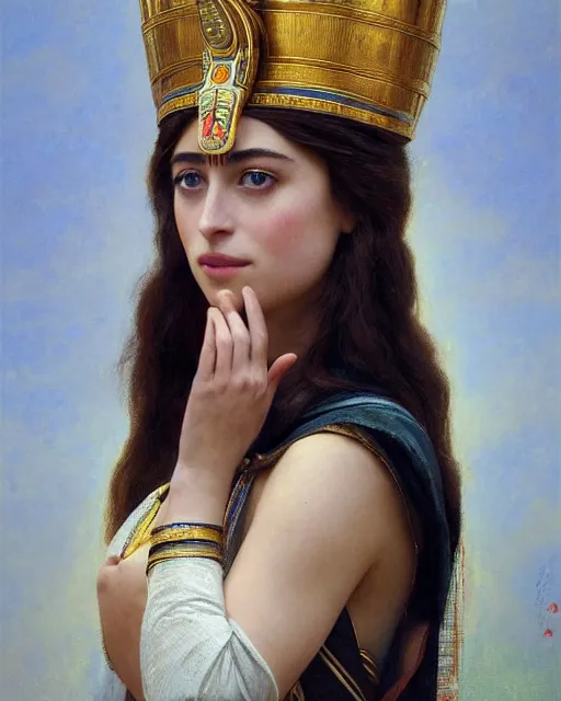 Image similar to Dakota Johnson as a beautiful egyptian princess, gorgeous, portrait, Symmetrical, powerful, intricate, beautiful, masterpiece, elegant, volumetric lighting, highly detailed, digital painting, hyper-realistic, artstation, sharp focus, no blur, illustration, William-Adolphe Bouguereau , ruan jia