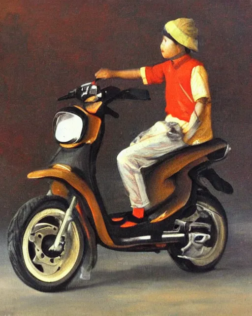 Prompt: asian school boy riding moped, aged oil painting by le pho