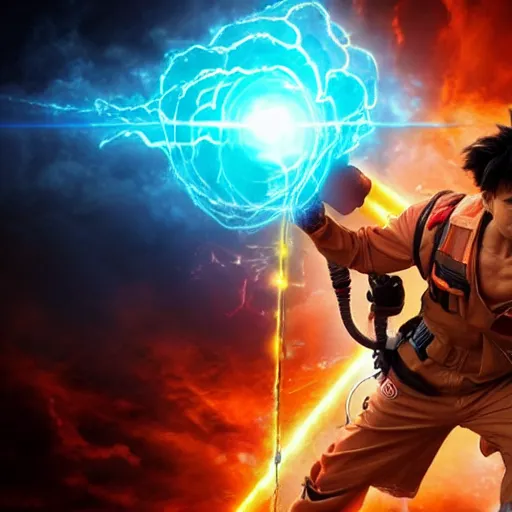 Prompt: stunning awe inspiring son goku with a highly detailed face as a ghostbuster in the movie ghostbusters, movie still 8 k hdr atmospheric lighting