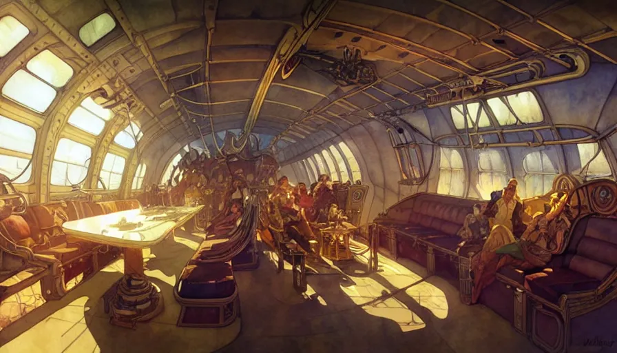 Prompt: airship interior with seats and a dinner table, french baroque, napoleonic, dieselpunk science fiction, steampunk, sharp, concept art watercolor illustration by mandy jurgens and alphonse mucha, dynamic lighting