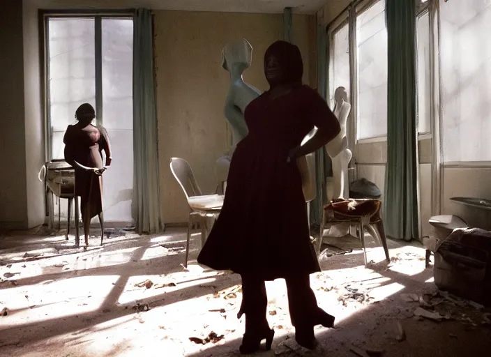 Image similar to cinematic screenshot of octavia spencer in an abandoned house surrounded by mannequins, screenshot from the tense being john malcovich thriller film ( 2 0 0 1 ) directed by spike jonze, dramatic backlit window, volumetric hazy lighting, moody cinematography, 3 5 mm kodak color stock, 2 4 mm lens, ecktochrome