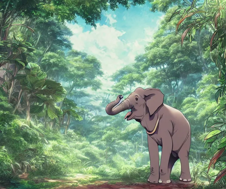 Prompt: elephant in a jungle, anime fantasy illustration by tomoyuki yamasaki, kyoto studio, madhouse, ufotable, comixwave films, trending on artstation