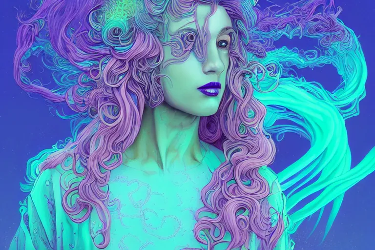 Image similar to cell shaded, muted vaporwave ombre. double exposure, replicant druid of creativity, flowing hair, beautiful character fashion design, by josan gonzalez, shag, nagel, and paul lehr and david heskin and seb mckinnon and jared s. merantz and alex grey, hi - fructose, 8 k, digital matte painting