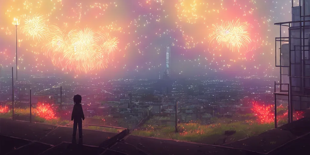 Image similar to realistic building, fireworks, wide landscape, eva, war, lonely, art by makoto shinkai