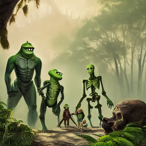 Prompt: A family portrait at the zoo of a sasquatch, a human lizard, a green alien and a skeleton, photorealistic style, artstation, Greg rutkowski, digital Art,