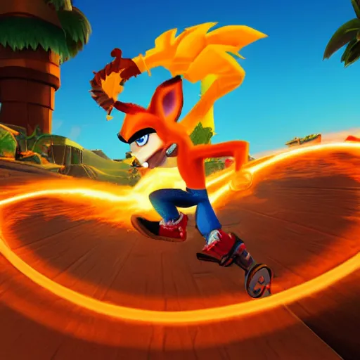 Prompt: crash bandicoot riding a pegasus through a ring of fire