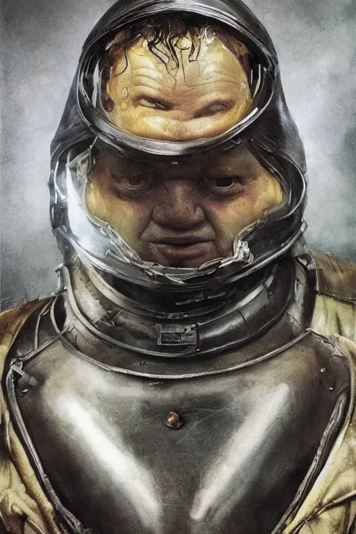 Prompt: upper body portrait of stellan skarsgård as evil, dark baron harkonnen, covered in oil, wearing old leather spacesuit, dystopian science fiction, illustration by norman rockwell, artstation character art, john william waterhouse, concept art, greg rutkowski