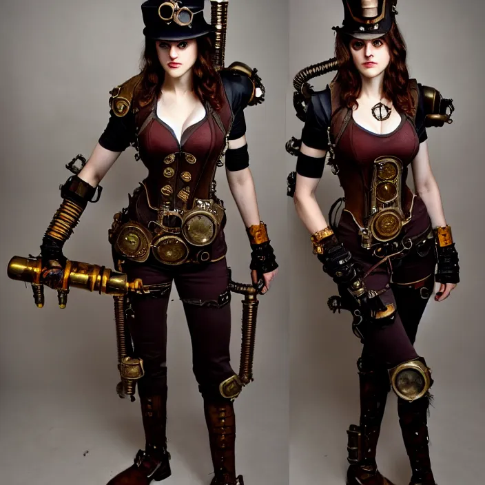 Prompt: full body photograph of alexandra daddario as a steampunk warrior, Extremely detailed. 8k