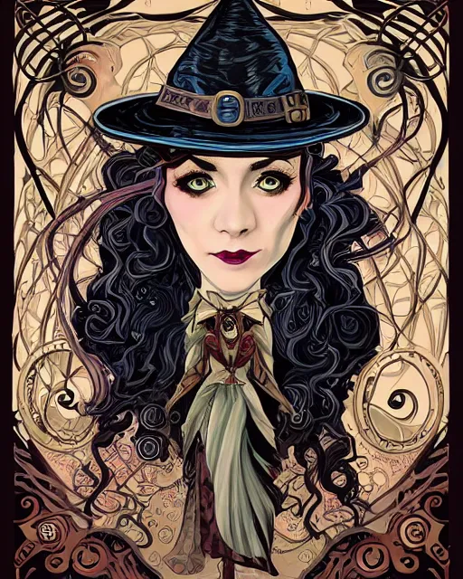 Prompt: a detailed portrait illustration of a steampunk witch - courtesan. looks like kenzie reeves. art nouveau, pop art, comic book style. influenced by neil gaiman, h. p. lovecraft, dan mumford, brian froud, vadim voitekhovitch, killian eng, ross tran.