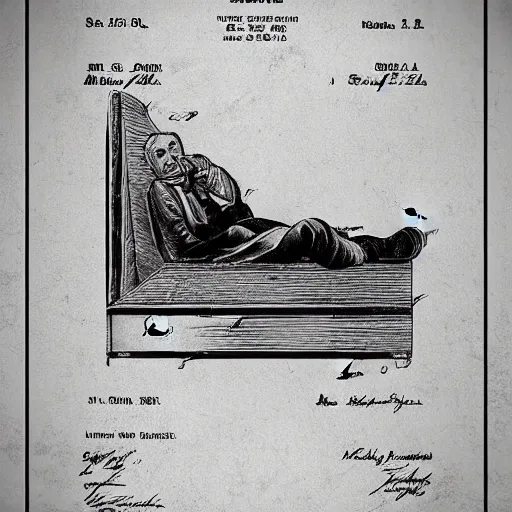 Image similar to sleeping man as a patent drawing. looking at camera. technical drawing. mathematical.