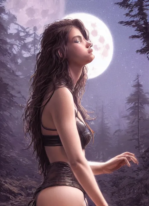 Prompt: close - up portrait of a beautiful girl in front of the full big moon in a fantasy forest, black leather bra, by james gurney, max liebermann, greg rutkowski, highly detailed digital art, artstation
