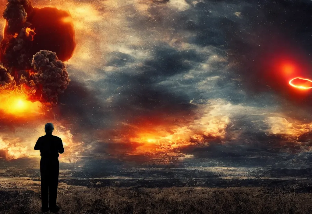 Image similar to old man with ( black cat ) watching nuke explosion cinematic, background blur bokeh, world ending nuke, 4 k