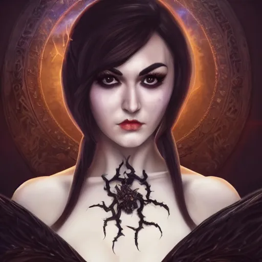 Image similar to full body portrait photo of sasha grey as a fearless witch with magical powers doing a dangerous summoning spell, style of Midjourney, stylized, 8k high details, detailed and intricate, elegant, ornate, horror, elite, ominous, haunting, beautiful digital painting, cinematic, cgsociety, artstation, octane render, 8k, unreal engine