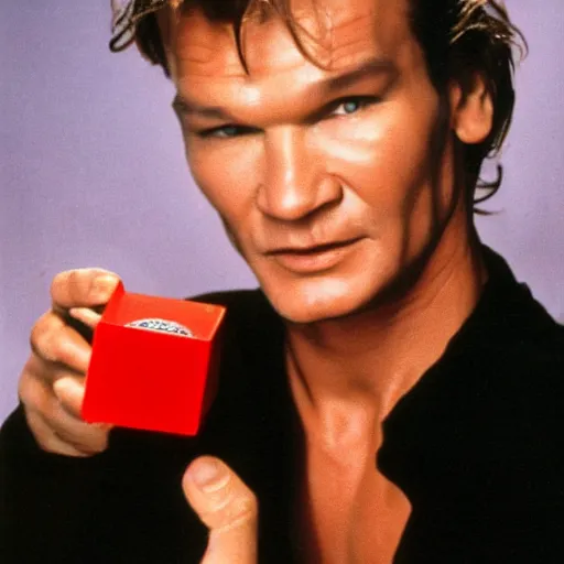 Image similar to patrick swayze eating! a cola cube, high quality photograph,