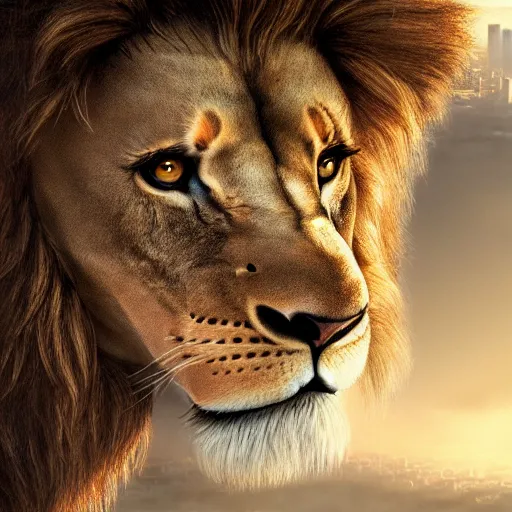 Image similar to a giant lion head looking at a city from above,low-angle shot,photorealiatic,hyperdetailed,hyperrealistic,studio lighting,studio photography,professional photography,professional lighting,detailed face,3 point lighting,4k,digital art,ultra realistic,ultra detailed,art by greg rutkowski,dramatic