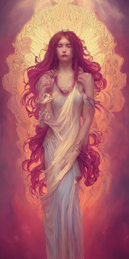 Prompt: beautiful, young woman, sad eyes, tears running down, vaporwave aesthetic, synthwave, colorful, psychedelic, long gown, ornate, intricate, angelic wings, digital painting, artstation, concept art, smooth, sharp focus, illustration, art by artgerm and greg rutkowski and alphonse mucha