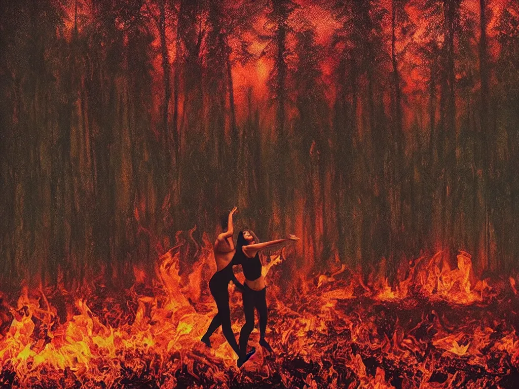 Prompt: “A Tiktok influencer dancing with a forest fire in the background, fleshy, deliquescence, dystopian realm, glitch, texturized, in the style of Harmony Korine”