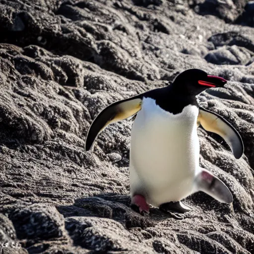 Prompt: penguin climbing the everest, canon eos r 3, f / 1. 4, iso 2 0 0, 1 / 1 6 0 s, 8 k, raw, unedited, symmetrical balance, in - frame