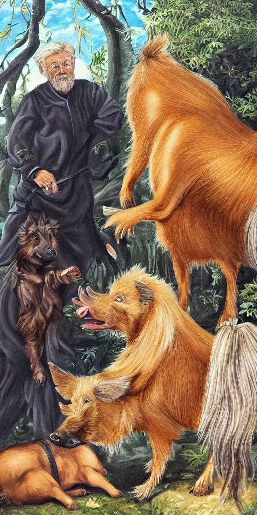 Prompt: beautiful detailed acrylic painting of a fit and mystical elderly man, has blond hair and ginger beard, surrounded by a Belgian shepherd and a wild boar