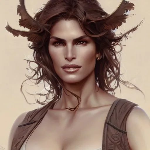 Image similar to Cindy Crawford as Lana Croft, intricate, elegant, highly detailed, digital painting, artstation, concept art, smooth, sharp focus, illustration, art by artgerm and greg rutkowski and alphonse mucha