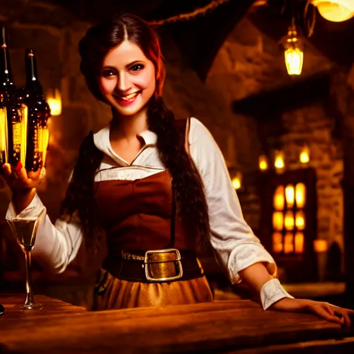 Image similar to young attractive beautiful bar maid in a medieval tavern at night, 4 k detail fantasy, photo realistic, cinematic, filmic, studio lighting