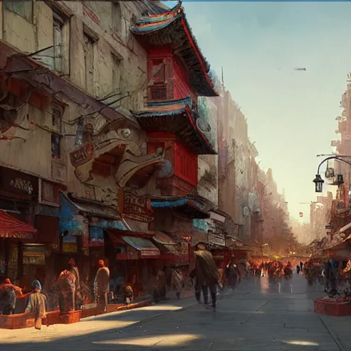 Image similar to concept art, chinatown, by james gurney, greg rutkowski, john howe, artstation