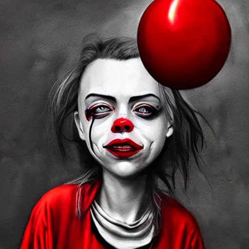 Image similar to surrealism grunge cartoon portrait sketch of billie eilish with a wide smile and a red balloon by - michael karcz, loony toons style, pennywise style, horror style, detailed, elegant, intricate