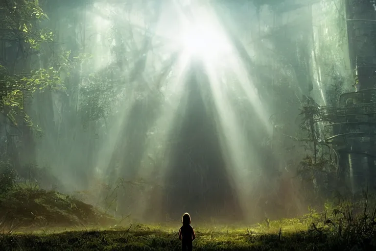 Image similar to the great beyond, sci - fi scene future new york, little girl holding a hand of a big robot, forest punk, crepuscular rays, epic scene, hyper realistic, photo realistic, overgrowth, cinematic atmosphere, ethereal lighting, in the style of john waterhouse