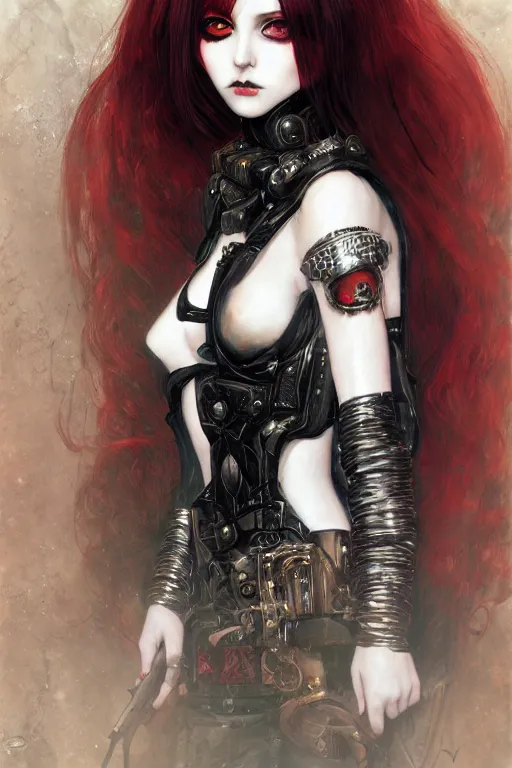 Image similar to portrait of cute beautiful young goth maiden, red hairs, cyberpunk, Warhammer 40000, gothic, highly detailed, artstation, illustration, art by Gustav Klimt and Range Murata