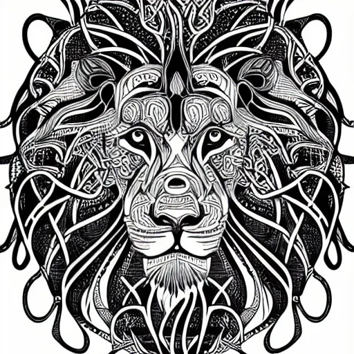 Image similar to an intricate lion designed by mc escher, line art, celtic, illustration