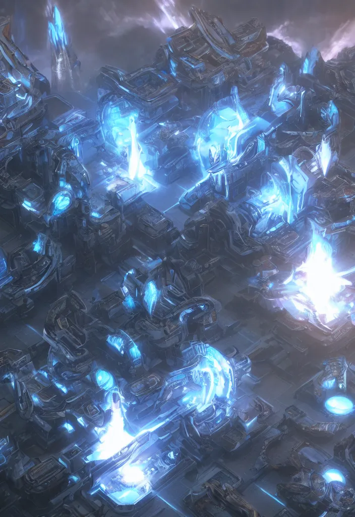 Image similar to protoss base with units warping from the gate, realistic, soft natural volumetric lighting, beautifully detailed 4 k octane render, 4 k post processing 8 k