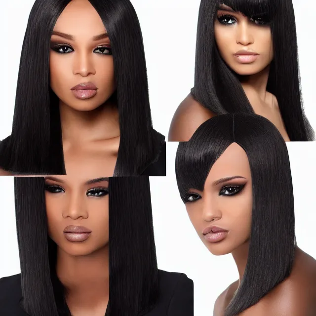 Image similar to avant runway hairstyle professional designer hair bangs, full body volume hairstyle, high detail, curves and straight combed with professional salon stylist products, studio lighting, smooth sharp focus